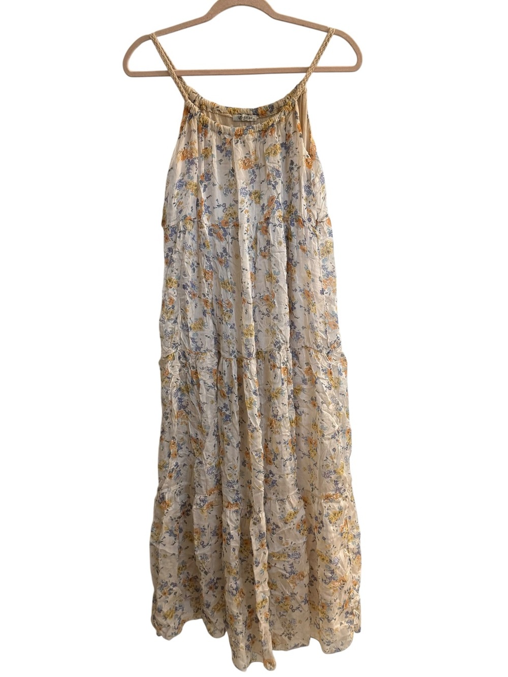 Elena Baldi Beige Floral Silk Blend Tiered Sleeveless Boho Maxi Dress Italy Sz S